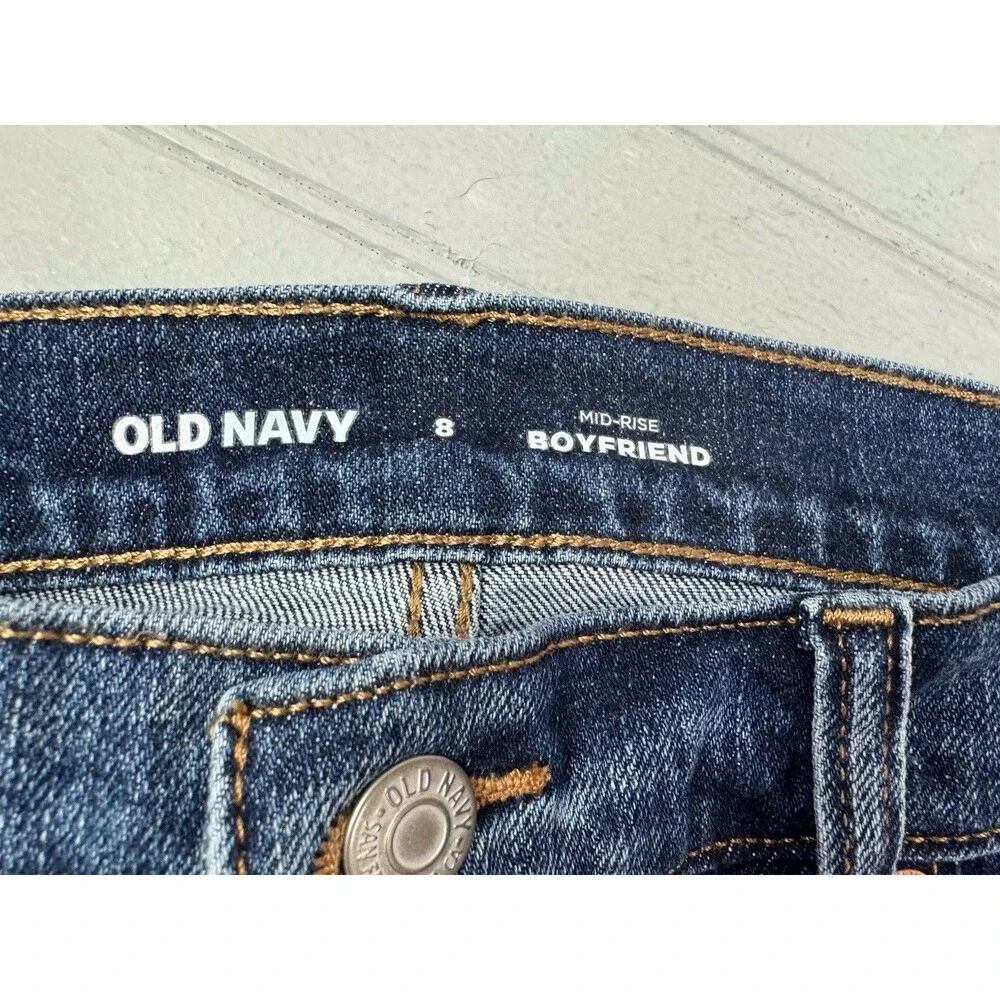 Old Navy Size 8 Womens Jeans Boyfriend Mid Rise Stretch Dark Wash Distress - Picture 2 of 3